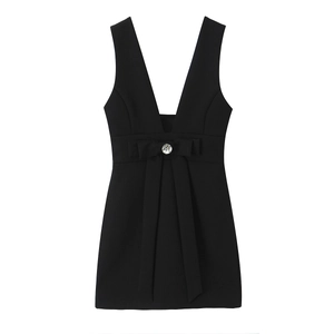 Elegantes Schwarzes Ärmelloses Minikleid Mit Tiefem V-Ausschnitt Und Strass-Schleife Dekoration Polyester Party Stil