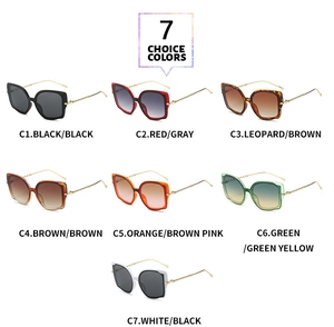 Detailed grid of cat-eye sunglasses featuring metal twisted temples in seven vibrant colors