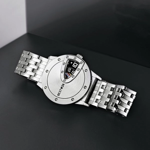Silver stainless steel waterproof watch for men featuring a unique triangle digital display