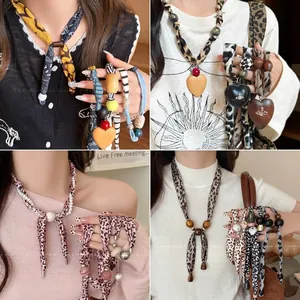 Pendant Necklace Fabric Leopard Print Heart Shape Wood Beads Handmade Bohemian Ethnic Style Vintage For Women