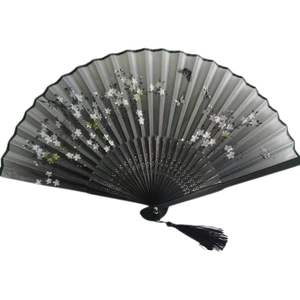 New Chinese style folding fan with silk cherry blossoms, butterflies and black tassels