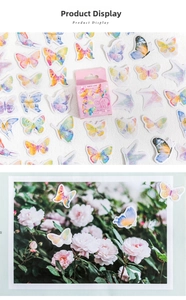 Detail view of colorful watercolor butterfly stickers and decorative packaging box