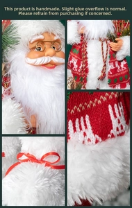 Detail of Santa Claus plush with gold glasses, curly white beard, and red knit outfit