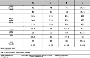 Detailed size chart for the double-breasted blazer and trousers suit in centimeters