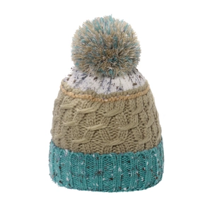 Three-tone chunky knit beanie with faux fur pom pom for winter warmth and style