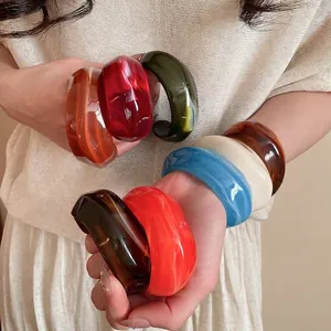Wide Acrylic Cuff Bracelet Resin Marble Pattern Open Bangle Retro Fashion Daily Casual Jewelry For Women