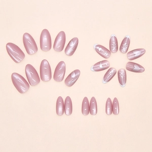 Cat eye purple press on nails with heart and bow designs in almond shape