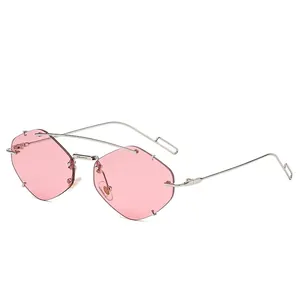 Rahmenlose rosa geometrische Sonnenbrille mit Silbergestell und Doppelsteg