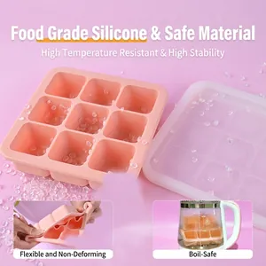 Bac à glaçons en silicone rose patte de chat avec 9 compartiments et couvercle