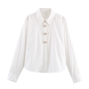 Poplin Blouse White Long Sleeve Shirt With Rhinestone Artificial Pearl Bow Buttons Elegant Casual Fashion Top For Women