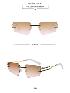 Vertical view of rimless geometric sunglasses with gold frame and brown-pink gradient lenses