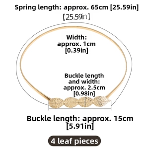 Detailed view of golden stretch leaf waist belt with specific size measurements and dimensions