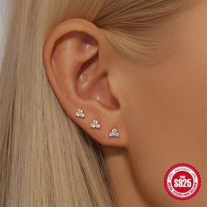 S925 sterling silver triple petal flower stud earrings with sparkling cubic zirconia crystals