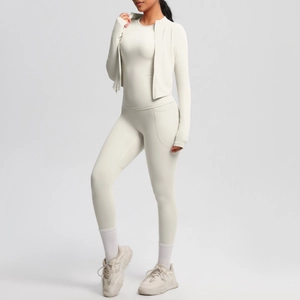 Three-piece yoga set with slim fit long sleeve top, zipper jacket and high waist leggings