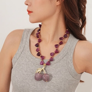 Purple Acrylic Heart Bead Cherry Pendant Necklace Sweet Cool Gold Alloy Leaf Fruit Jewelry For Women