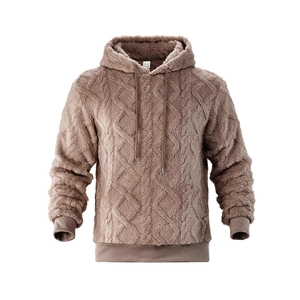 Men's brown hooded sweatshirt featuring diamond quilted texture and fleece lining