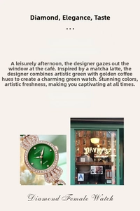Detailed macro view of a rose gold quartz watch featuring a green sunray dial and rhinestones