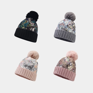Colorful Sequin Knitted Beanie Hat Warm Winter Thick Cap With Faux Fur Pom-pom Geometric Pattern Chic Women Streetwear