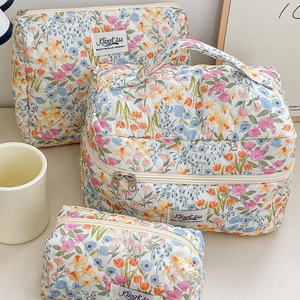 Close-up of quilted floral cosmetic bag set with three nesting wash pouches on a table