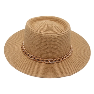 French dome straw sun hat in khaki with a gold chunky metal chain link decoration