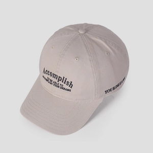 Detail of cotton baseball cap with Accomplish embroidery and breathable eyelets