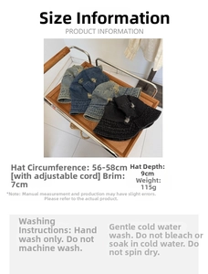 Guide des tailles détaillé et instructions de lavage pour bob en denim vintage