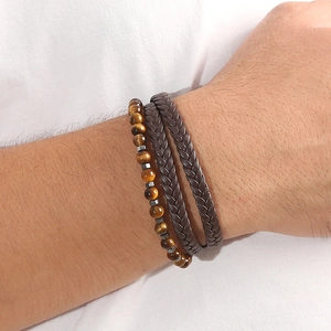 Bracciale da uomo multistrato in pelle intrecciata marrone con perle di occhio di tigre