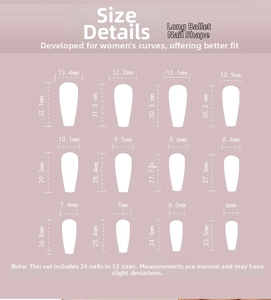 Size chart showing long ballet shape nail dimensions and 24 pieces in 12 fit sizes
