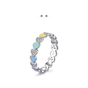 925 Sterling Silver Ring With Colorful Enamel Heart And Cubic Zirconia Trendy Jewelry For Women