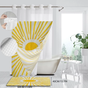 Detail of waffle weave shower curtain and matching bath mat with yellow sunburst pattern