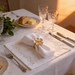 Close-up of matte gold flower napkin ring on white cloth with lace table mat details