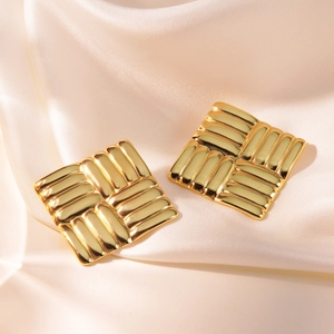 French vintage square gold stainless steel earrings with wavy texture on silk