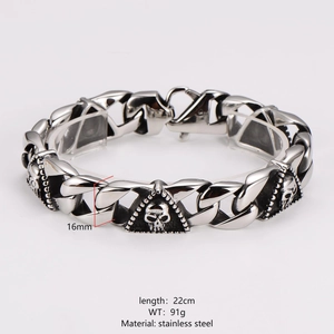 Men's retro punk stainless steel 16mm cuban chain bracelet with triangle skull detail