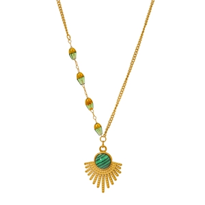 Asymmetric gold necklace featuring green malachite pendant with sunburst design details