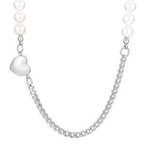 Fashionable pearl and silver cuban link拼接 necklace with polished heart pendant for women