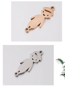 Detailed view of boy shaped stainless steel pendants in rose gold and silver finishes