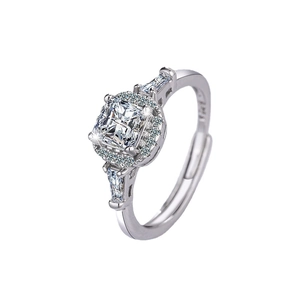 Elegant silver ring with a large square zircon diamond and halo of small side stones