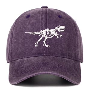 Detailed embroidery of a white T-Rex skeleton on a vintage washed purple cotton baseball cap