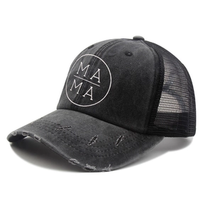 Detailed side view of washed cotton baseball cap with MAMA print and mesh back design