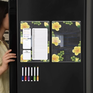 Close-up of magnetic acrylic daily planner and to-do list on a fridge with markers