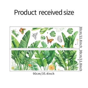 Detailed size chart for tropical leaf and butterfly wall decals showing 90x30cm dimensions