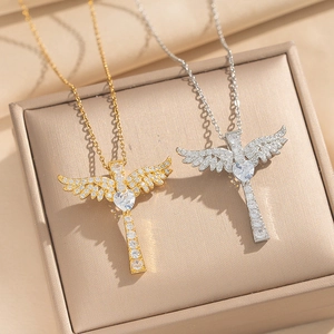 Angel Wings Cross Pendant Necklace Copper Gold Plated With Heart Zircon Micro Pave Jewelry For Women Men