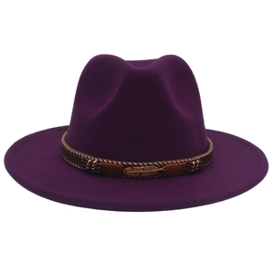 Purple wool fedora hat with a golden feather buckle and decorative embroidered band