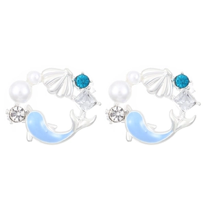 Boucles d'oreilles étoile de mer et dauphin en émail bleu, perles et zircons