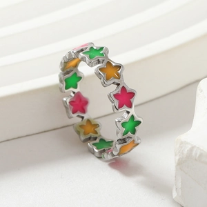 Titanium steel ring with colorful star drip oil enamel in a macaron style design