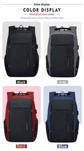 Detail view of large capacity mens business backpacks in black grey red and blue colors