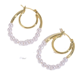 Elegant C-shaped golden double hoop earrings with white pearls on white background