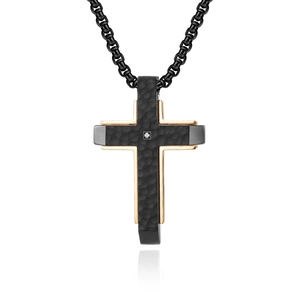 Men's titanium steel cross pendant with hammered texture in black and rose gold finish