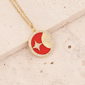 Gold-plated star and moon pendant necklace with red enamel and pavé zircon details
