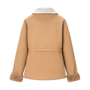 Women's camel wool coat featuring back view, waist tie, and brown faux fur trim cuffs